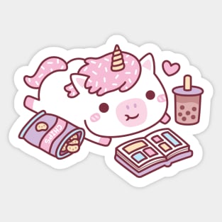 Cute Unicorn Chilling With Manga Chips And Boba Tea Sticker